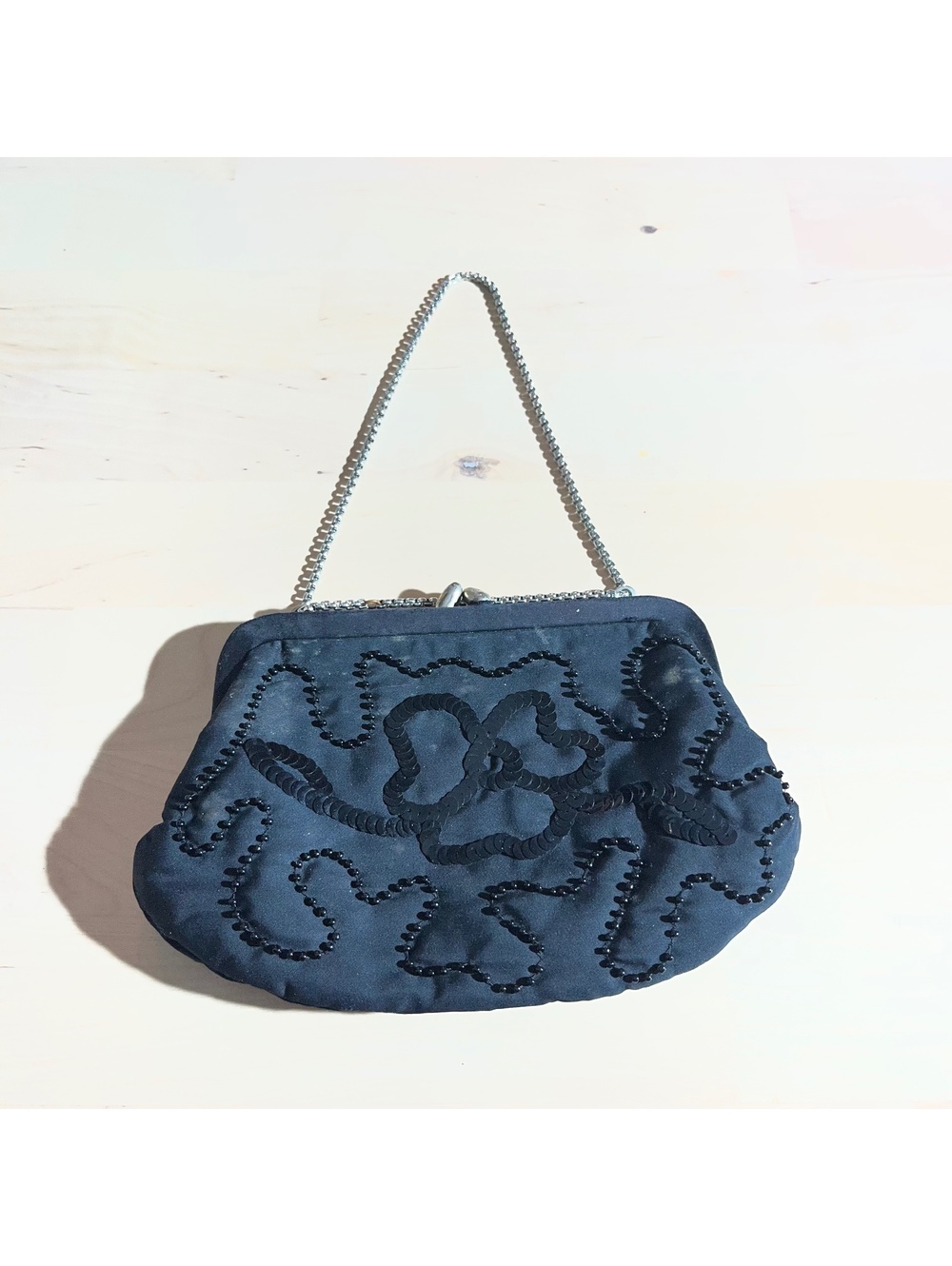 Vintage Black Beaded & Sequin Evening Clutch with Silver Chain